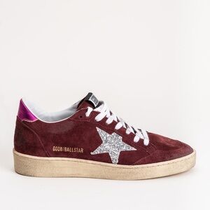 Golden Goose Burgundy Suede Leather And Glitter Ball Star Lace Up Sneakers